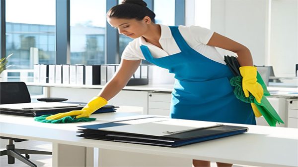 femme de ménage fait une intervention de ménage et de nettoyage d'un bureau d'entreprise - Hygiène Pro Solutions